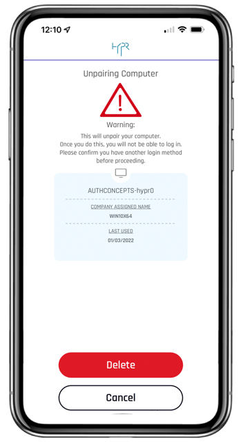 HYPR Mobile Confirm Unpair HYPR Mobile Confirm Unpair