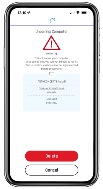 HYPR Mobile Confirm Unpair